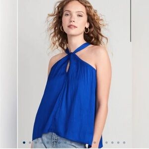 Old Navy Royal Blue Sleeveless Satin Twist Halter Blouse Flowy Top